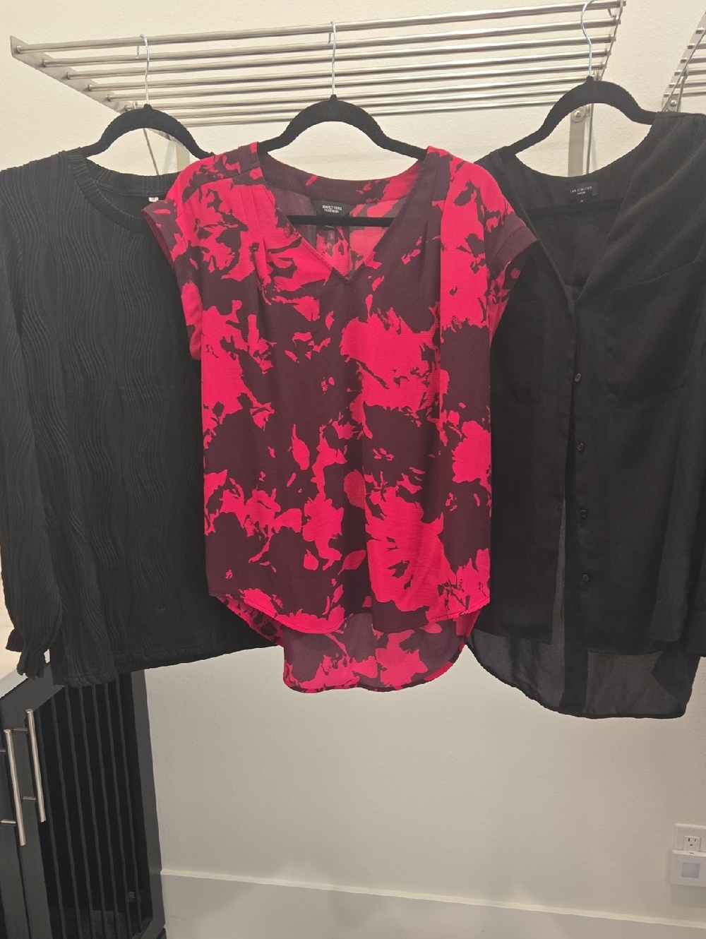 3 Blouses Including Express Magenta and Berry Floral V-Neck Cap-Sleeve Blouse